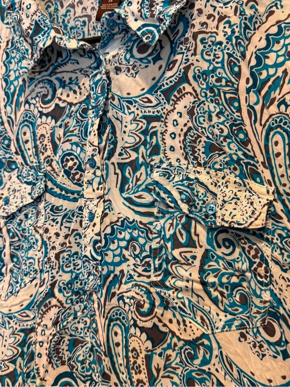 SOLD!!! White and Teal Paisley Shirt Dress - Picture 4 of 7